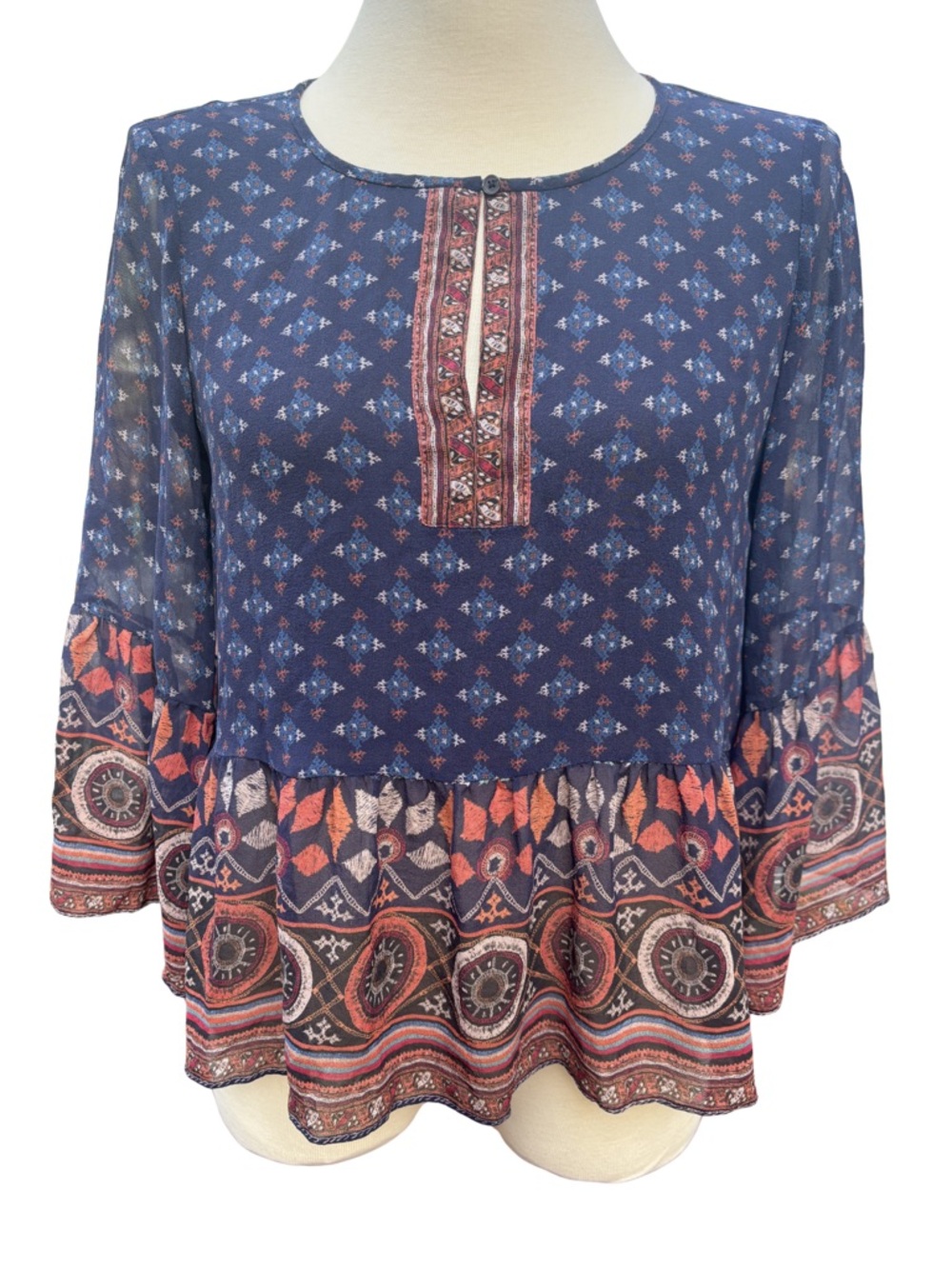 Joie Hakima Navy & Orange Boho Bell Sleeve Peplum Silk Blouse Top Size XS